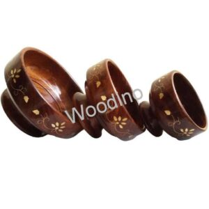 Woodino Brass Work Wooden Bowl Set