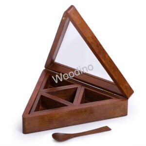 The Woodino Triangle Spice Container is a triangular wooden box with a glass lid featuring the Woodino logo, three internal compartments, and includes a small wooden spoon.