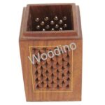 Woodino Wooden Jaali Brass Stand Points Pen Jar