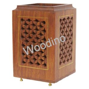 Woodino Wooden Jaali Brass Stand Points Pen Jar