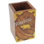 Woodino Brass Elephant Rectangular Wooden Pen Jar