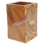 Woodino Brass Elephant Rectangular Wooden Pen Jar