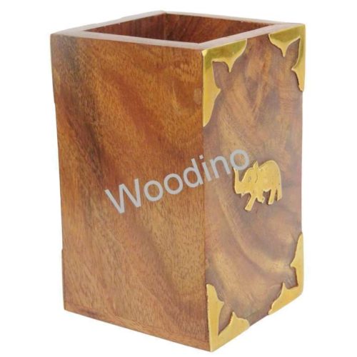 Woodino Brass Elephant Rectangular Wooden Pen Jar