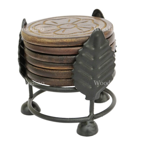 Woodino Antique Mango Wood Self Engraved & Iron Base Coaster Set