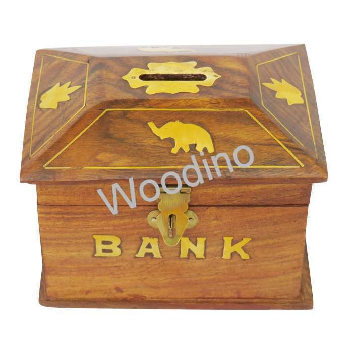 Woodino Hut Shape Wooden Chest Coin Bank