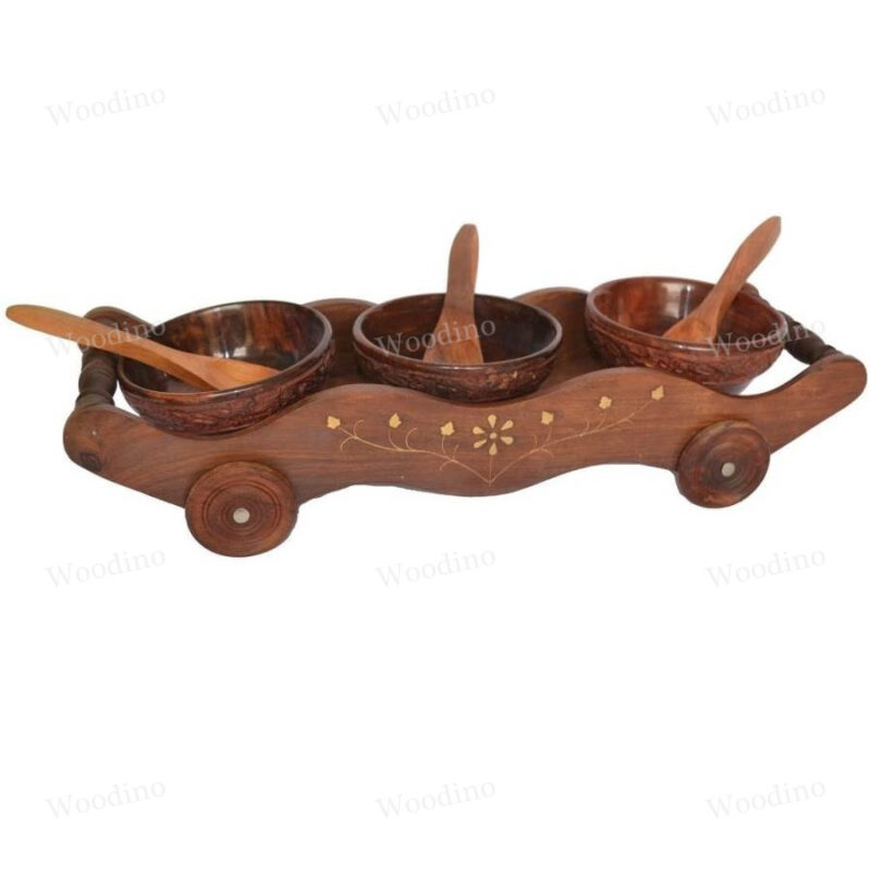 Woodino Dryfruit Trolley 3 Bowls with Spoons