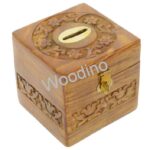 Woodino Wooden Carved Square Money Bank 4x4 Inch