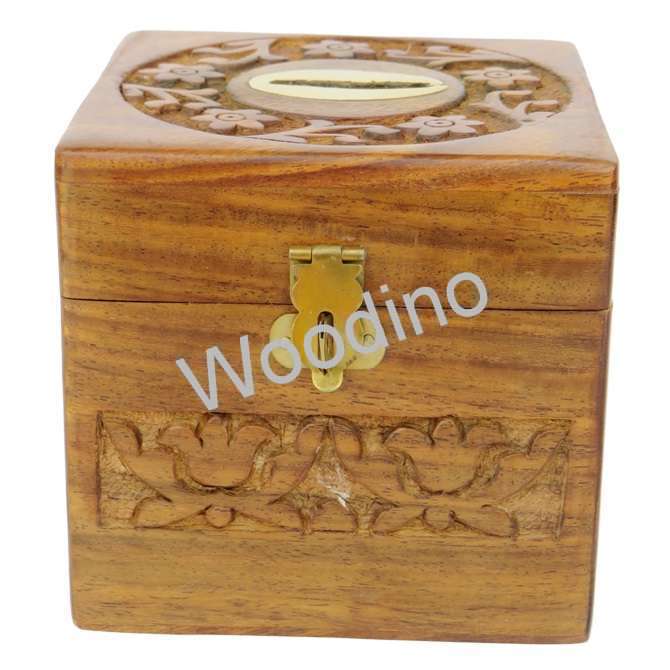Woodino Wooden Carved Square Money Bank 4x4 Inch
