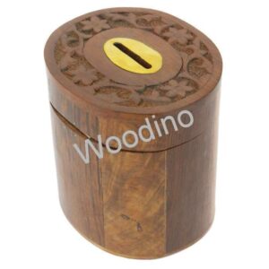 Woodino Wooden Oval Top Carved Coin Box