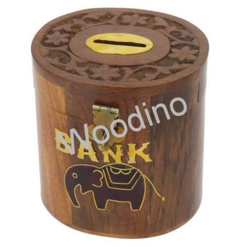 Woodino Wooden Oval Top Carved Coin Box