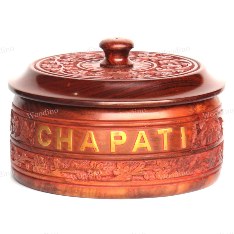 Woodino Carving Work Brass Written Wooden Chapati Box Casseroles(Plain Inside)