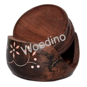 Woodino Wooden Round 3.5 Inch Lotus Coaster Set