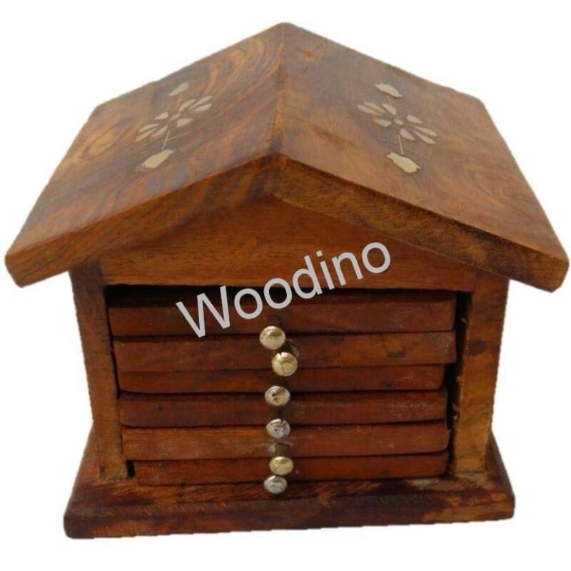 Woodino Hut Shape Brass Work Sheesham Wood Coaster