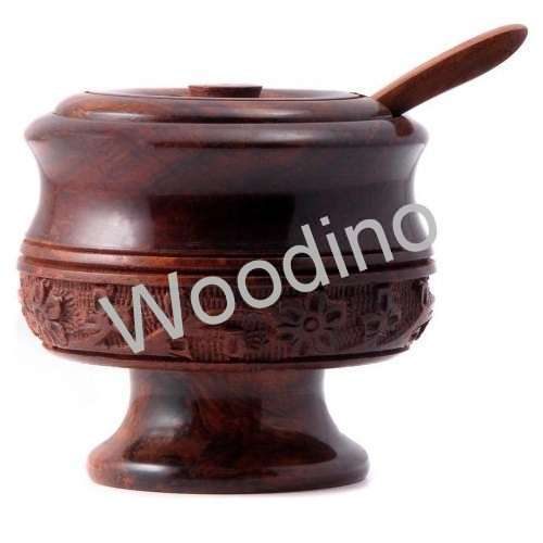 Woodino Carved Small Spice or Sugar Pot With Spoon