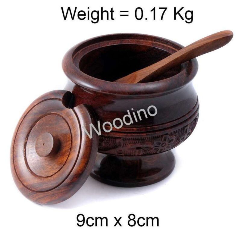 Woodino Carved Small Spice or Sugar Pot With Spoon