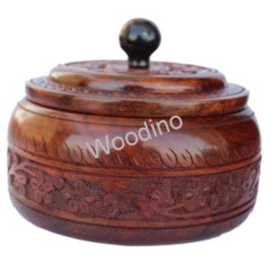 Woodino Wooden Carving Round Spice Container - 6 Inch