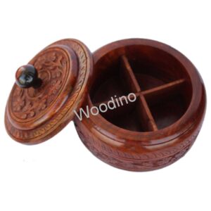 Woodino Wooden Carving Round Spice Container - 7 Inch