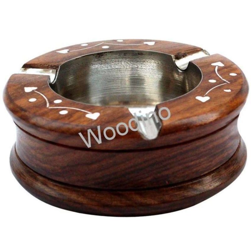 Woodino Round White Work Sheesham Wood Ashtray