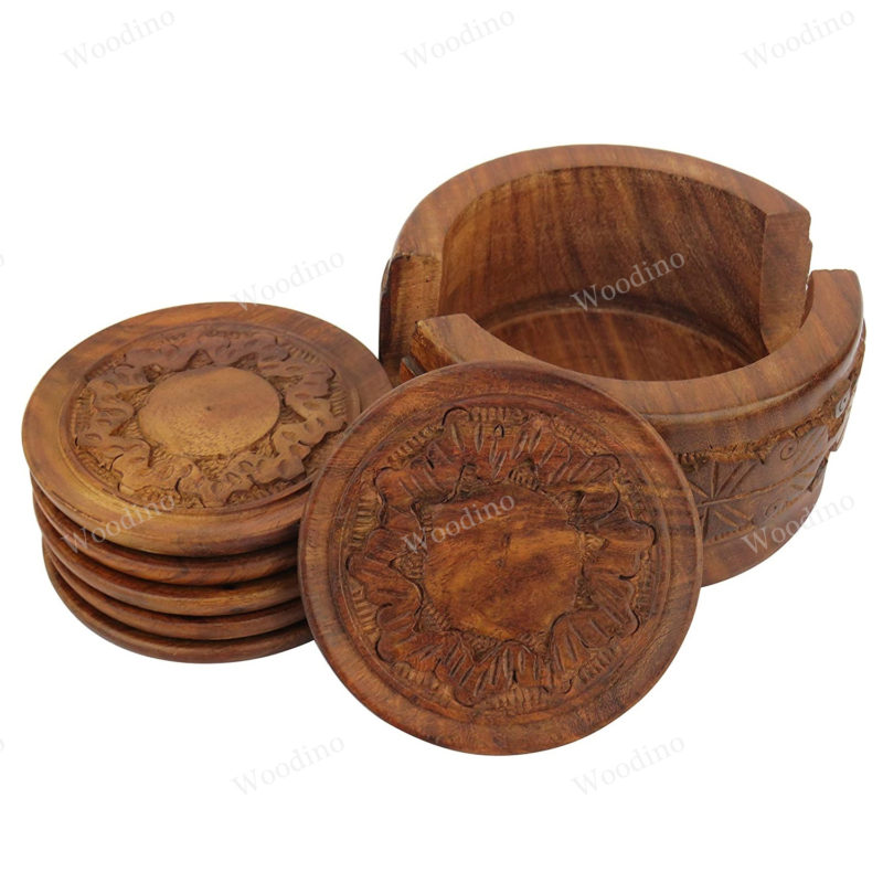 Woodino Premium Sheesham Wood Full Carved Round Coasters Set