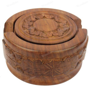 Woodino Premium Sheesham Wood Full Carved Round Coasters Set