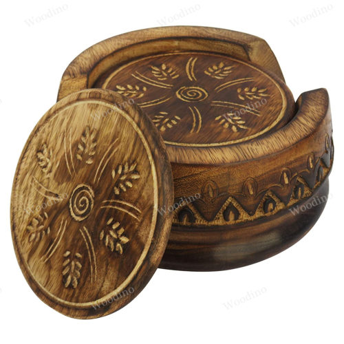 Woodino Mango Wood Antique Carved Round Coaster Set