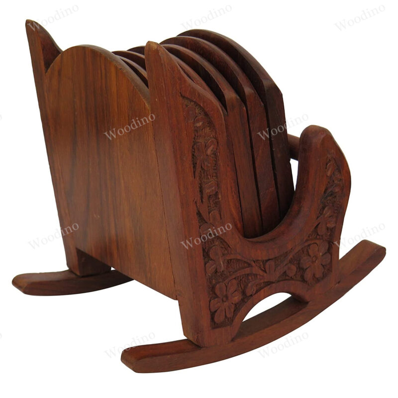 Woodino Premium Carving Work Rocking Chair Coaster Set