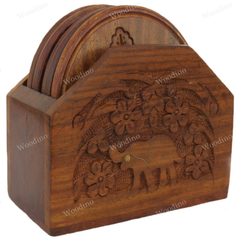 Woodino Brownish Premium Elephant Carving Coaster Set