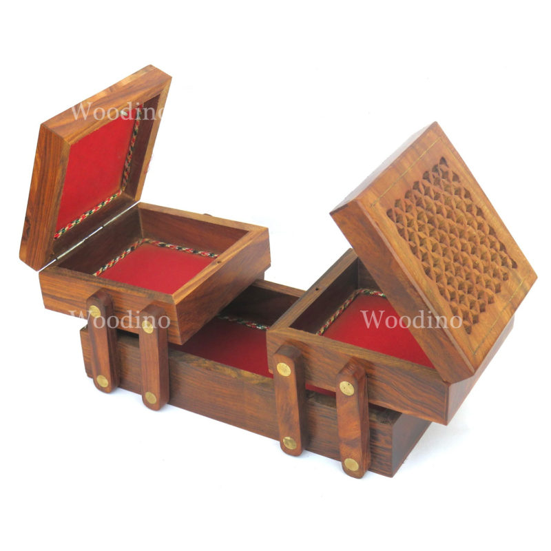 Woodino Sheesham Wood Sliding Jewellery Box Net Design