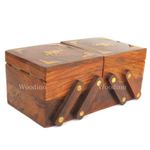 Woodino Sheesham Wood Brass Elephant Embossed Sliding Jewellery Box