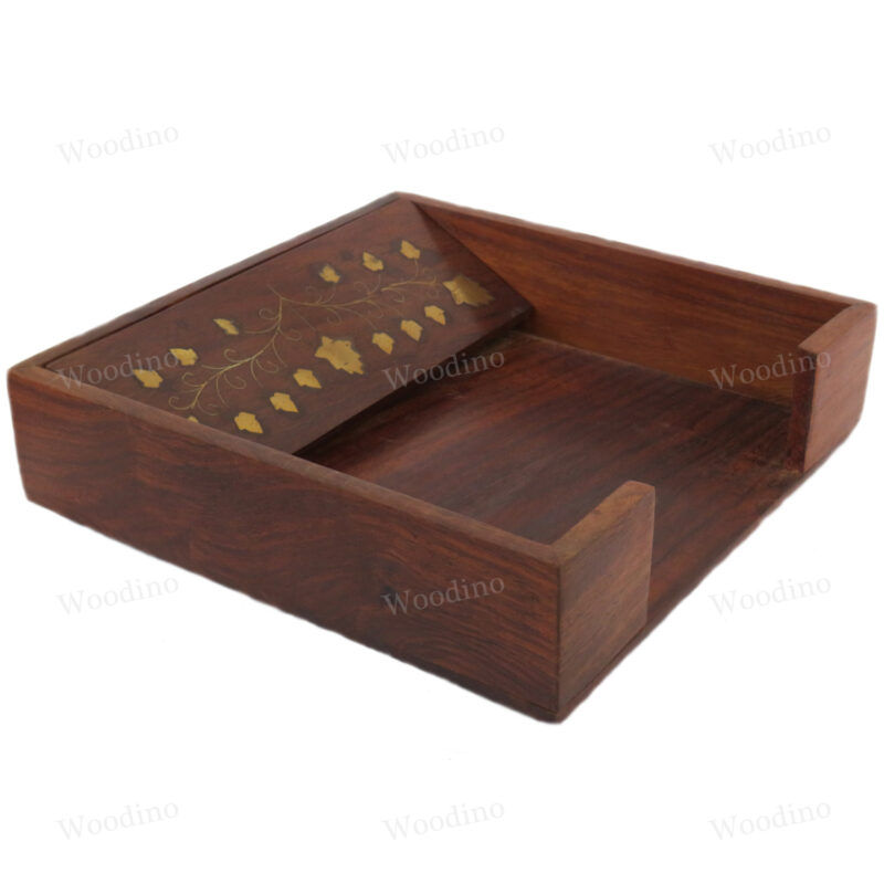 Woodino Sheesham Wood Brass Work Napkin Box