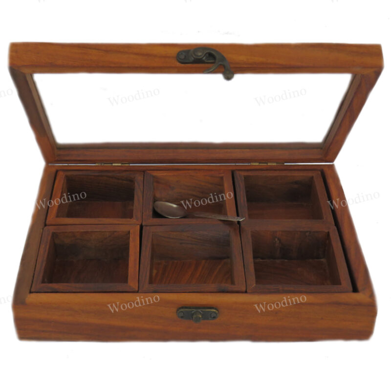 Woodino Six Removable Compartment Premium Quality Spice Box With Glass Lid
