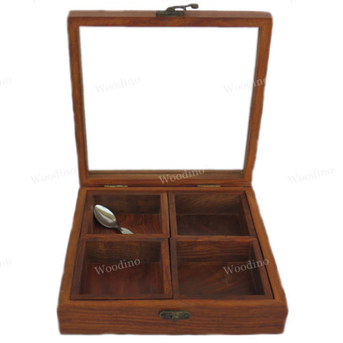 Woodino Four Removable Compartment Premium Quality Spice Box With Glass Lid