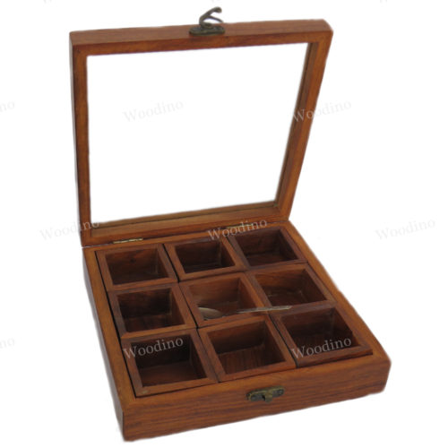 Woodino Nine Removable Compartment Premium Quality Spice Box With Glass Lid