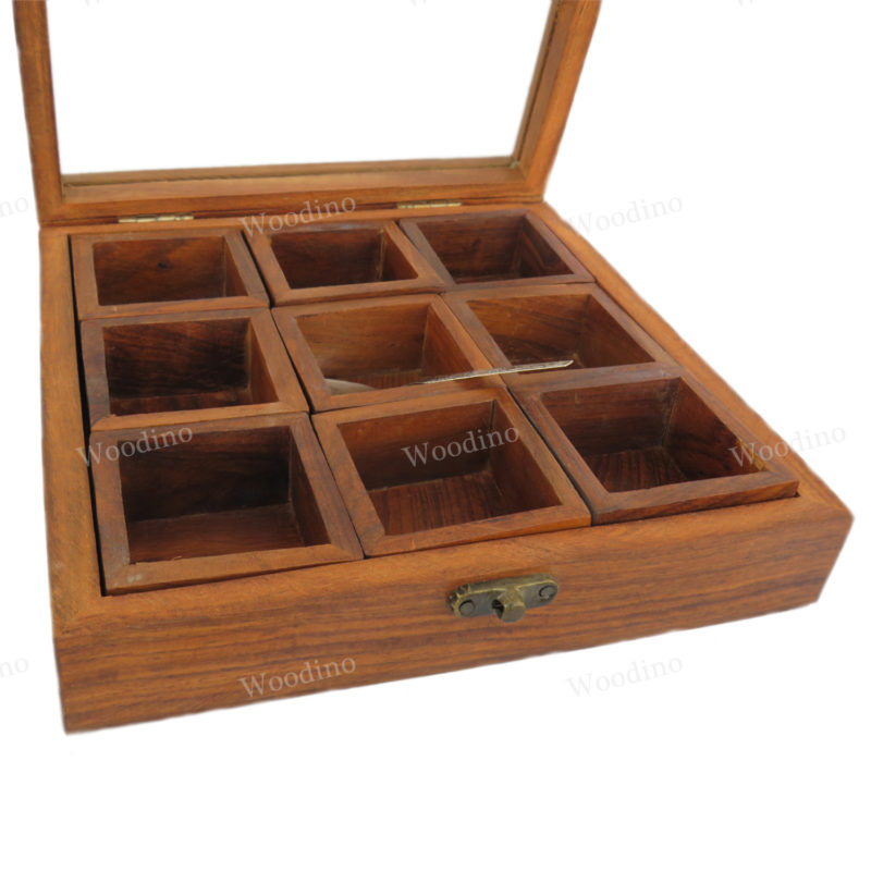 Woodino Nine Removable Compartment Premium Quality Spice Box With Glass Lid