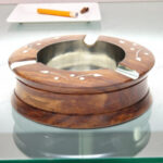 Handmade Round Ashtray with White Inlay on Sheesham Wood Grains