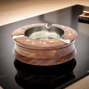 Handmade Round Ashtray with White Inlay on Sheesham Wood Grains