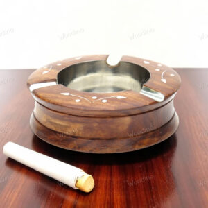 Handmade Round Ashtray with White Inlay on Sheesham Wood Grains