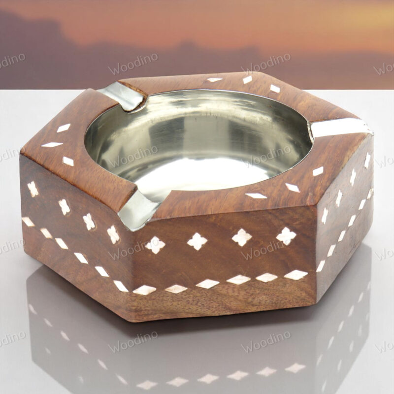 Handcrafted Hexagonal Sheesham Wood Ashtray with White Inlay | Decorative Smoking Accessory