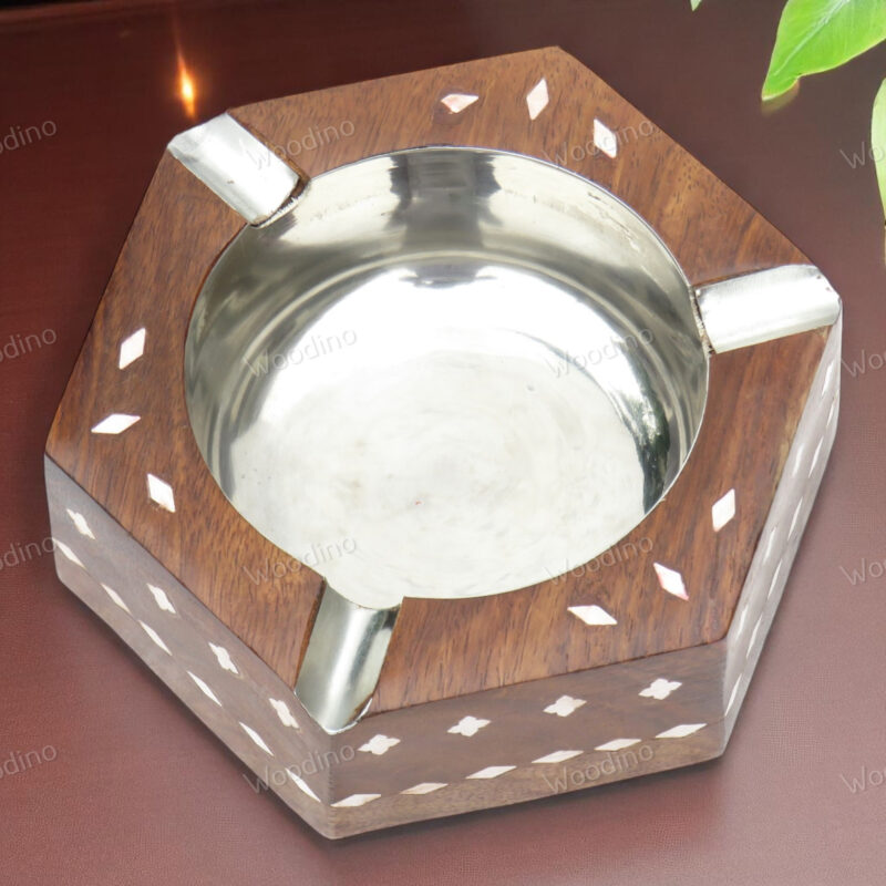 Handcrafted Hexagonal Sheesham Wood Ashtray with White Inlay | Decorative Smoking Accessory