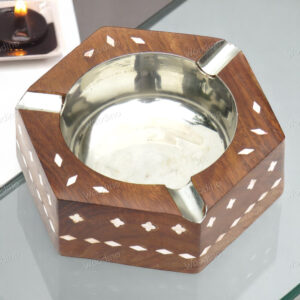 Handcrafted Hexagonal Sheesham Wood Ashtray with White Inlay | Decorative Smoking Accessory