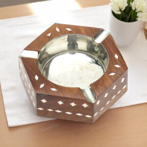 Handcrafted Hexagonal Sheesham Wood Ashtray with White Inlay | Decorative Smoking Accessory