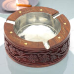 Woodino Sheesham Wood Carving Work Round Ashtray