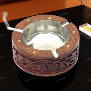 Woodino Sheesham Wood Carving Work Round Ashtray