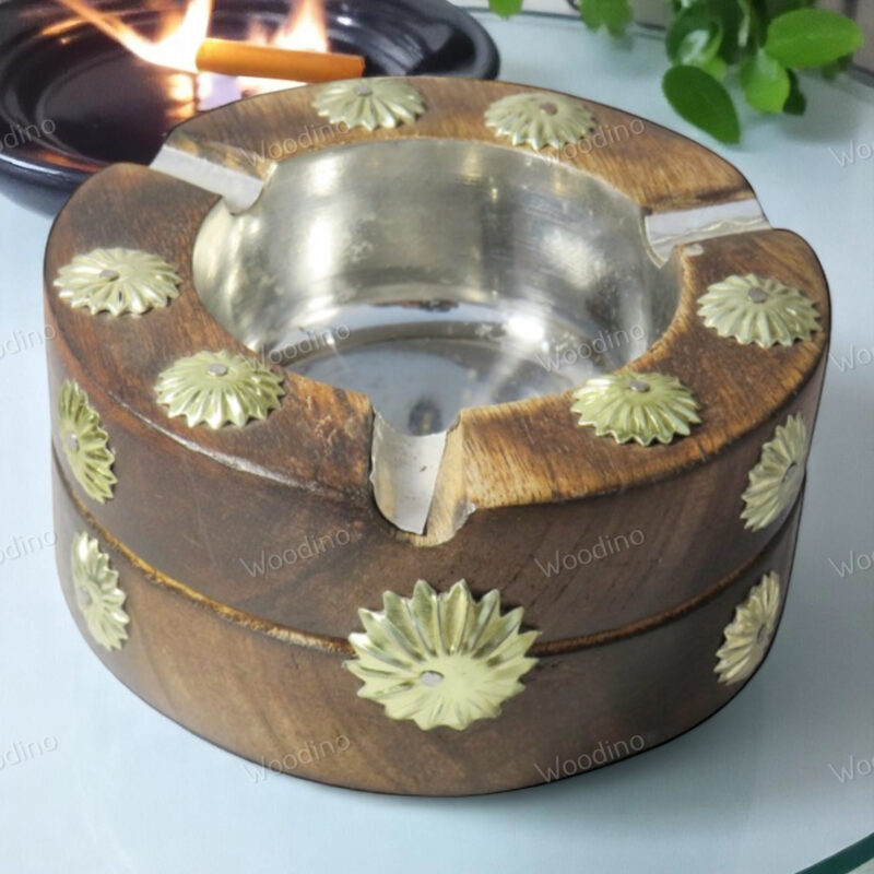 Woodino Antique Look Mango Wood Burning Round Ashtray