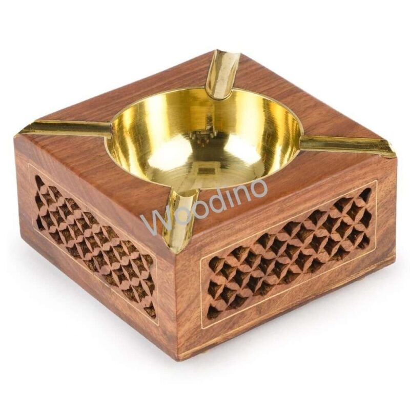 Woodino Brass Bowl Fitted Wooden Net Ashtray