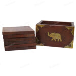 Woodino Brass Corner and Elephant Engraved Wooden Coaster Set