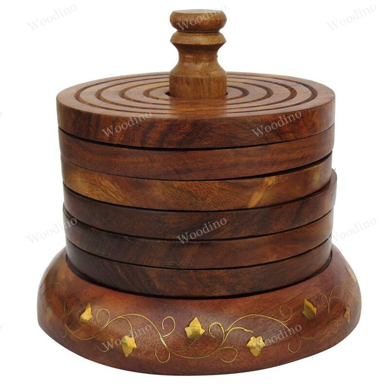 Woodino Round Brass Worked Folding Premium Quality Coaster Set