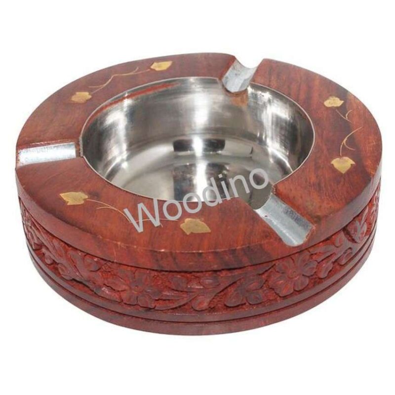 Woodino Carved Round Wooden Ashtray
