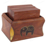 Woodino Corner Cut Brass- Elephant Wooden Tea Coasters Set