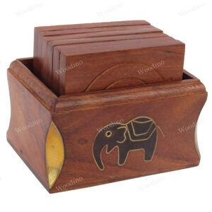Woodino Corner Cut Brass- Elephant Wooden Tea Coasters Set